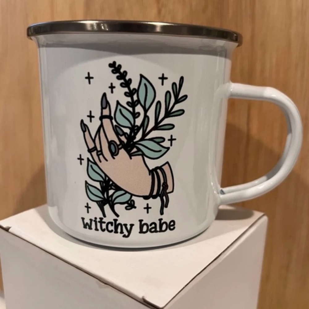 witchy Babe White Enamel metal Mug camping mug